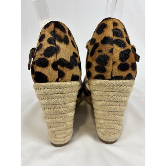 J Crew Animal Print Wedges Brown Black Tan Fur Size 8 Leopard Ankle Strap Buckle - Picture 3 of 10
